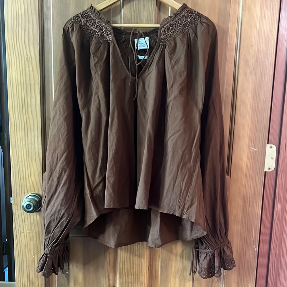 Kinga Csilla Brown Asymmetrical Smocked Long Sleeve Blouse US 8